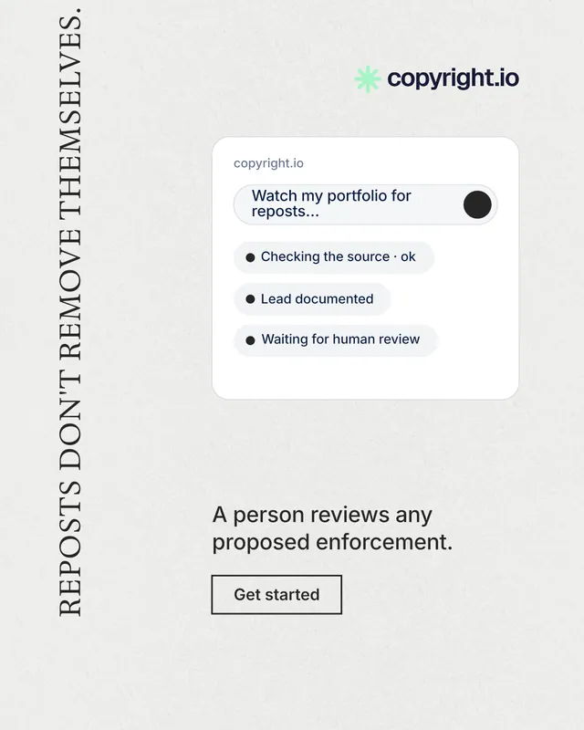 Instagram portrait post for copyright.io: "Reposts don't remove themselves." Editorial style, vertical layout, light palette in white.