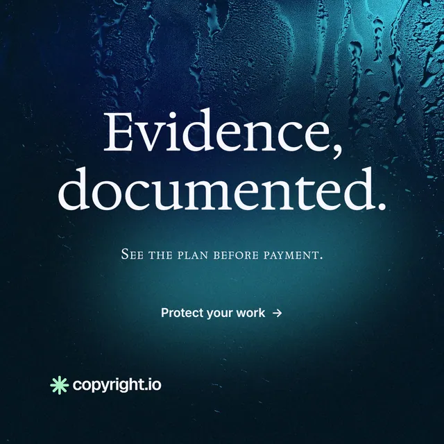 Instagram post for copyright.io: "Evidence, documented." Minimal luxury style, smallcaps layout, dark palette in blue, black.