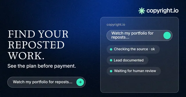 Social ad for copyright.io: "Find your reposted work." Agentic glass style, bottom layout, dark palette in black, blue, grey.