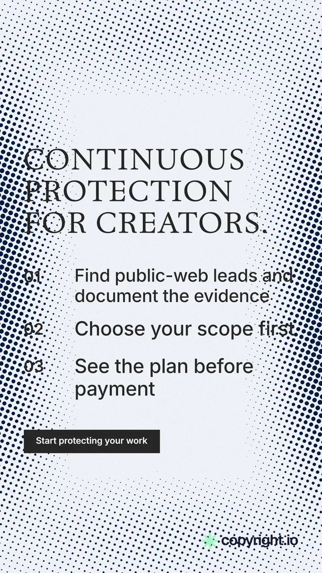 Instagram story for copyright.io: "Continuous protection for creators." Split block style, numbered layout, light palette in blue, white, grey.