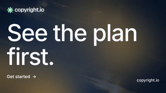 Landscape graphic for copyright.io: "See the plan first." Minimal luxury style, poster layout, dark palette in black, blue, grey.