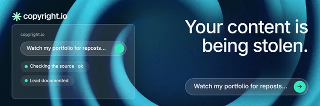 X header for copyright.io: "Your content is being stolen." Agentic glass style, right layout, dark palette in blue, black, teal.