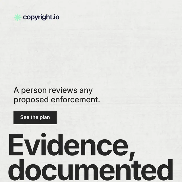 Instagram post for copyright.io: "Find your reposted work." Swiss style, oversized layout, light palette in white, grey.