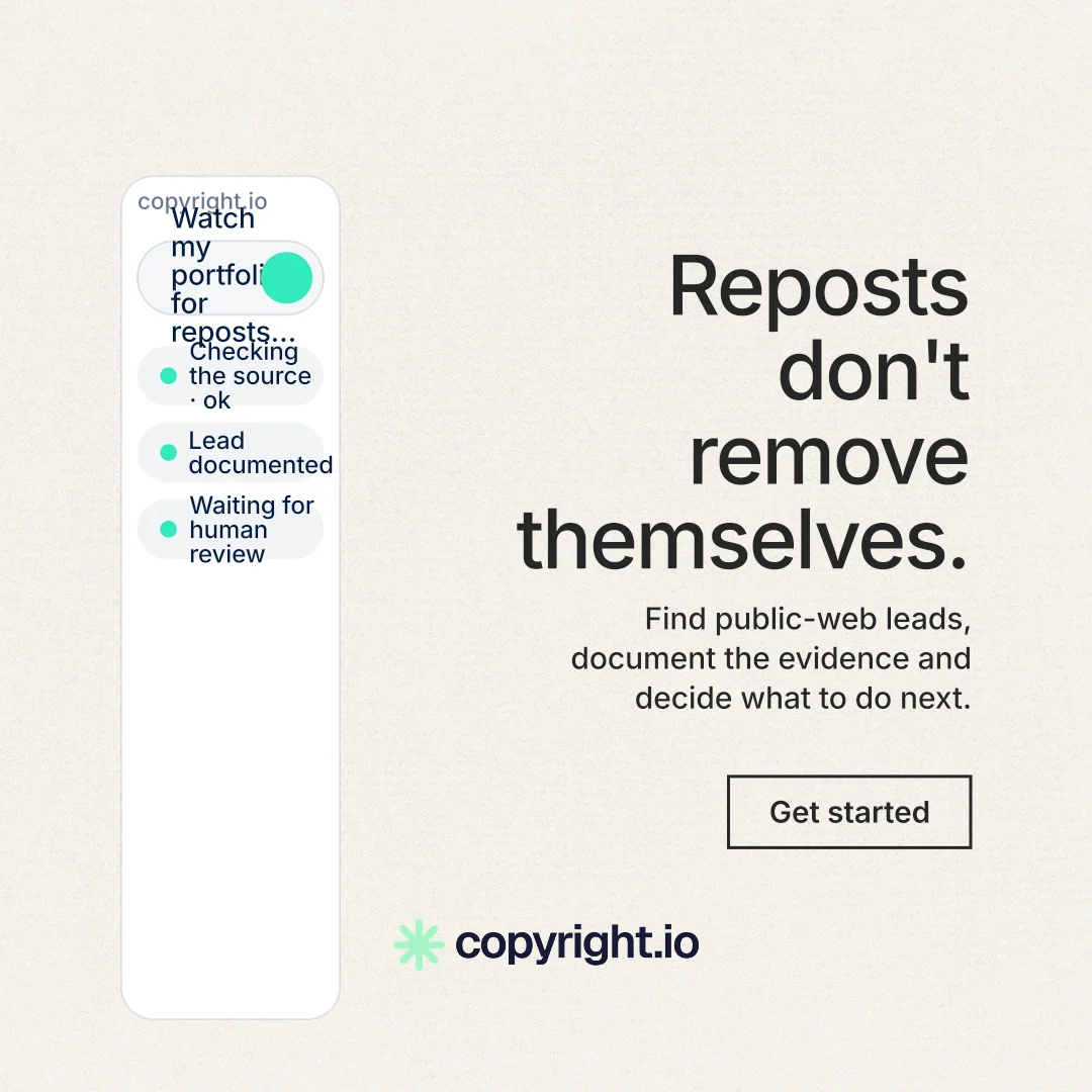 Instagram post for copyright.io: "Reposts don't remove themselves." Editorial style, right layout, light palette in white.