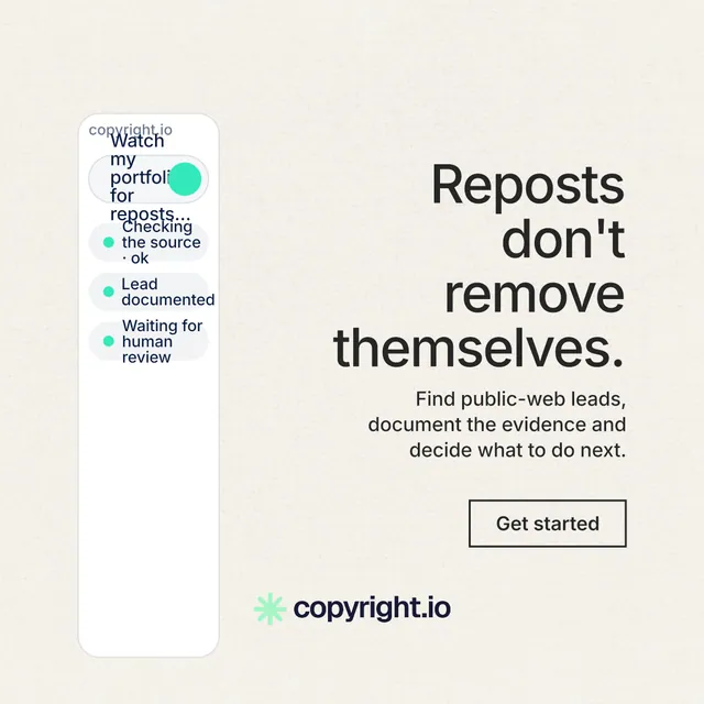 Instagram post for copyright.io: "Reposts don't remove themselves." Editorial style, right layout, light palette in white.