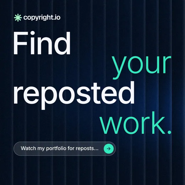 Instagram post for copyright.io: "Find your reposted work." Agentic glass style, stacked layout, dark palette in black, blue.