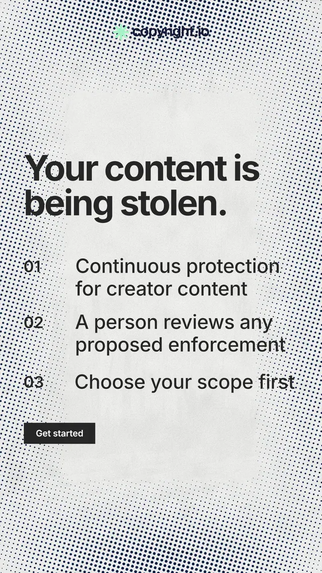 Instagram story for copyright.io: "Your content is being stolen." Swiss style, numbered layout, light palette in white, grey.