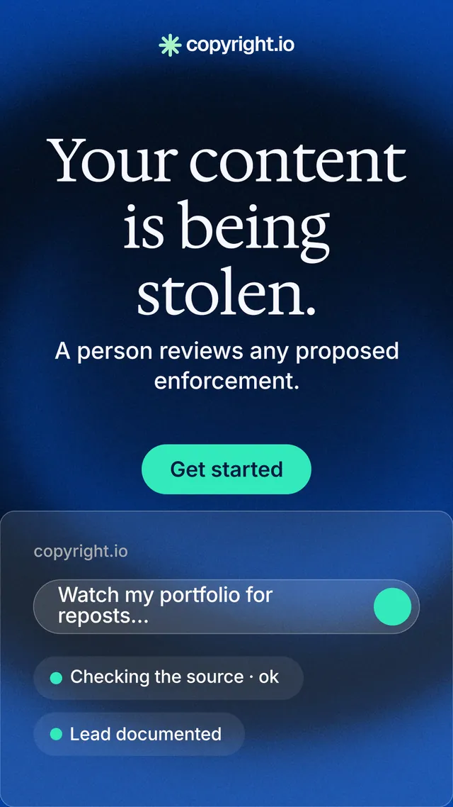 Instagram story for copyright.io: "Your content is being stolen." Agentic glass style, skeleton layout, dark palette in blue, black.