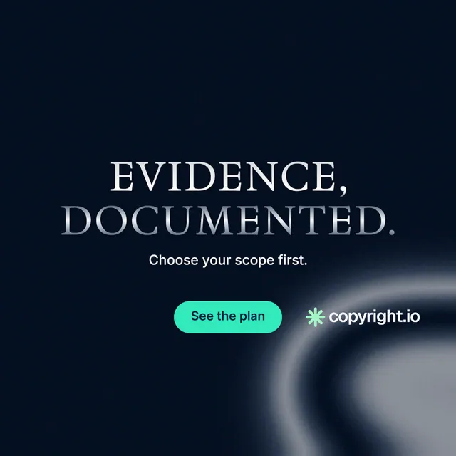 Instagram post for copyright.io: "Evidence, documented." Y2K style, centred layout, dark palette in black, blue.