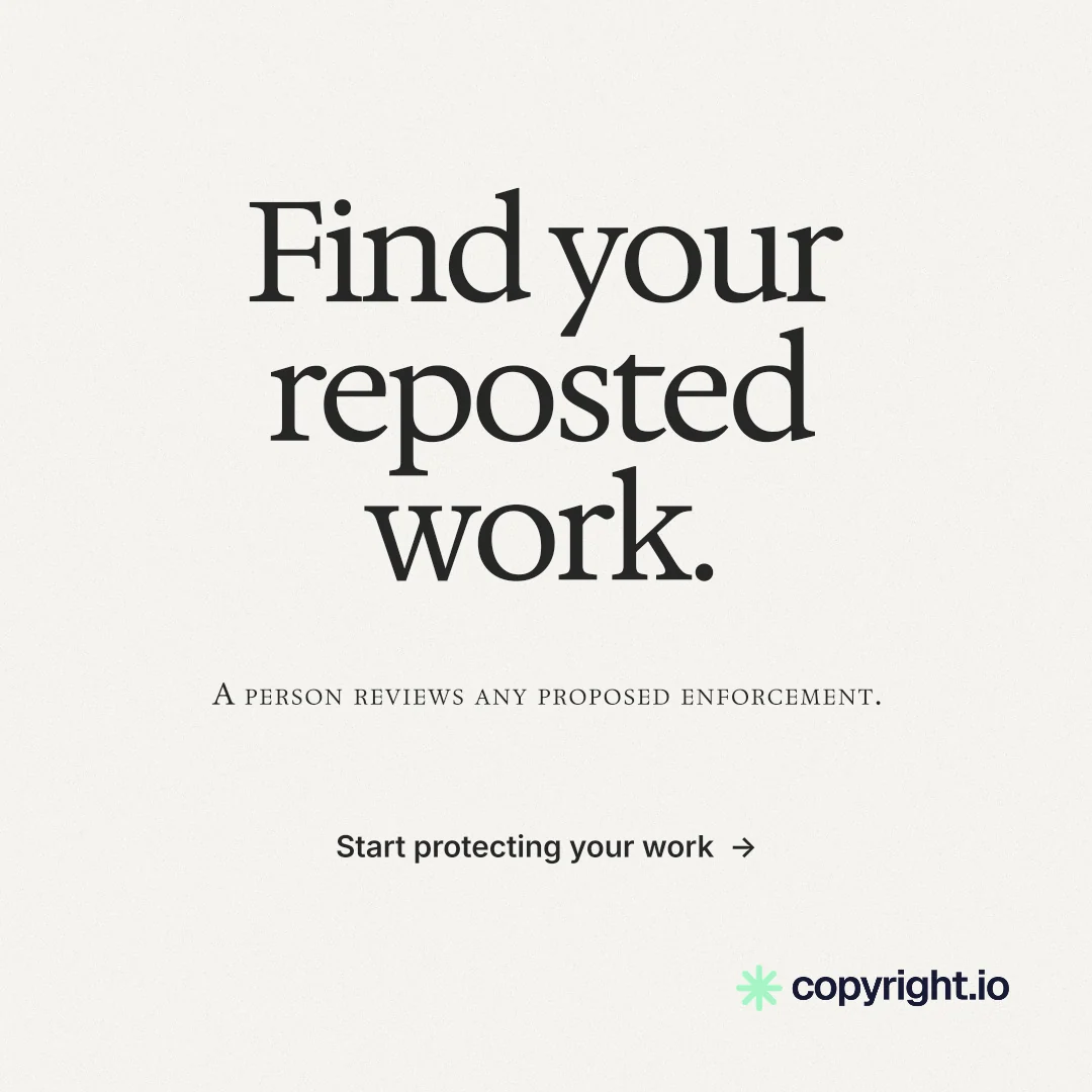 Instagram post for copyright.io: "Find your reposted work." Swiss style, smallcaps layout, light palette in white, grey.