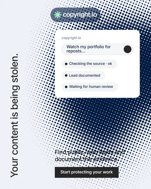 Instagram portrait post for copyright.io: "Your content is being stolen." Split block style, vertical layout, light palette in white, blue, grey.