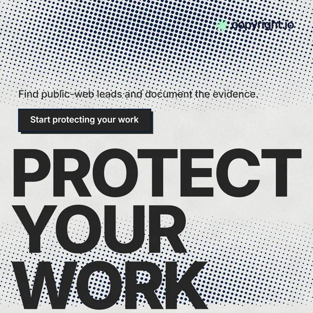 Instagram post for copyright.io: "Protect your work." Brutalist style, oversized layout, light palette in grey, white.