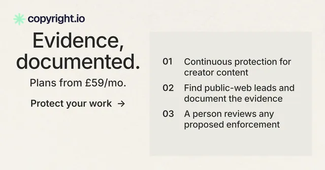 Social ad for copyright.io: "Evidence, documented." Minimal luxury style, skeleton layout, light palette in white, grey.