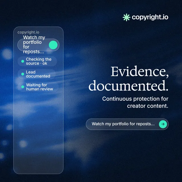Instagram post for copyright.io: "Evidence, documented." Agentic glass style, right layout, dark palette in black, blue.