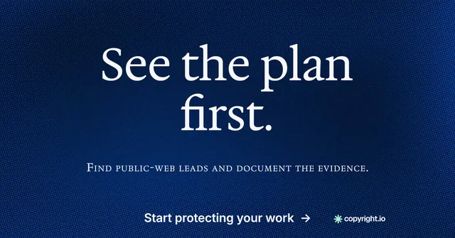 Social ad for copyright.io: "See the plan first." Minimal luxury style, smallcaps layout, dark palette in blue.