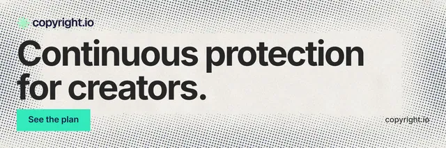 X header for copyright.io: "Continuous protection for creators." Swiss style, poster layout, light palette in white, orange, grey.