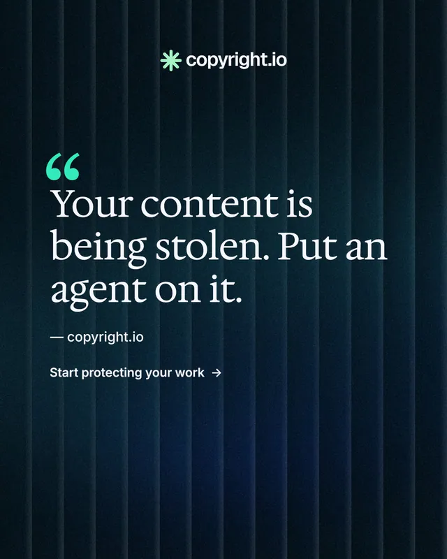 Instagram portrait post for copyright.io: "Your content is being stolen." Minimal luxury style, quote layout, dark palette in black, blue.