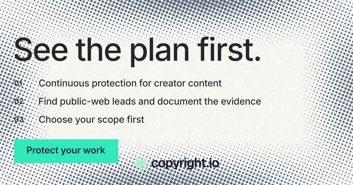Social ad for copyright.io: "See the plan first." Split block style, numbered layout, light palette in white, grey, green.