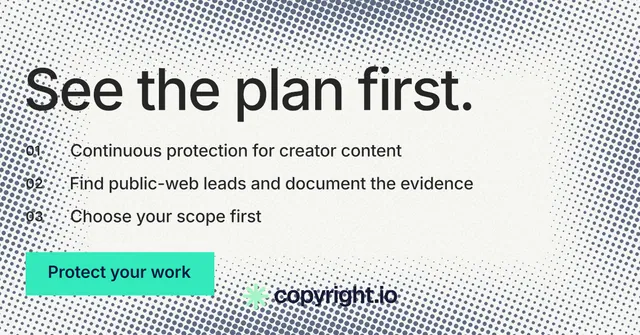 Social ad for copyright.io: "See the plan first." Split block style, numbered layout, light palette in white, grey, green.
