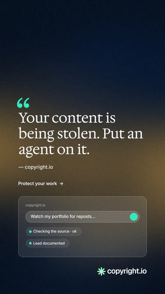 Instagram story for copyright.io: "Protect your work." Minimal luxury style, quote layout, dark palette in black, blue, grey.