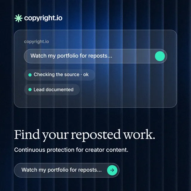 Instagram post for copyright.io: "Find your reposted work." Agentic glass style, bottom layout, dark palette in blue, black.