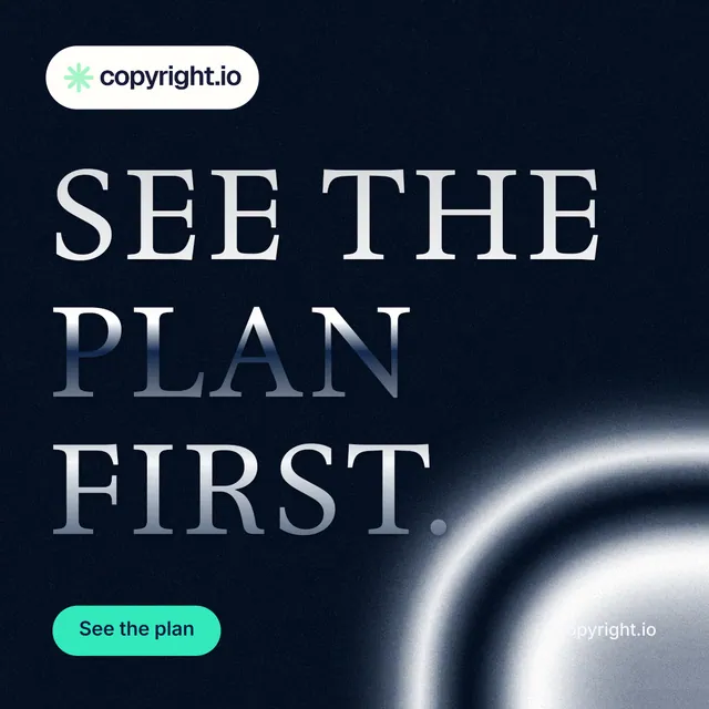 Instagram post for copyright.io: "See the plan first." Y2K style, poster layout, dark palette in black, grey, blue.