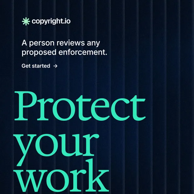 Instagram post for copyright.io: "See the plan first." Minimal luxury style, oversized layout, dark palette in black, teal.