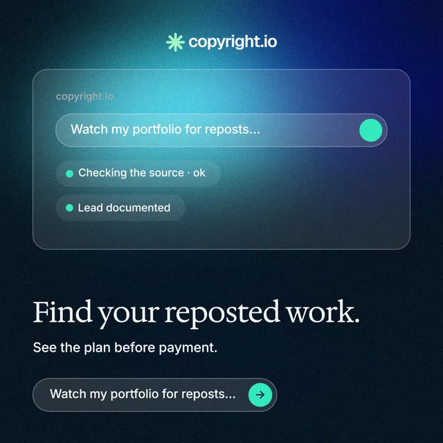 Instagram post for copyright.io: "Find your reposted work." Agentic glass style, bottom layout, dark palette in black, blue, teal.
