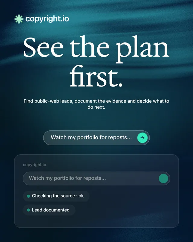 Instagram portrait post for copyright.io: "See the plan first." Agentic glass style, centred layout, dark palette in blue, black, teal.