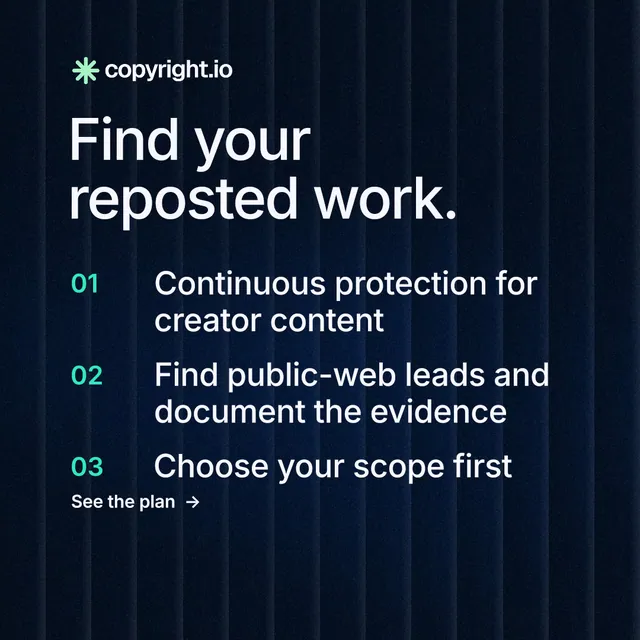 Instagram post for copyright.io: "Find your reposted work." Minimal luxury style, numbered layout, dark palette in black, grey, blue.