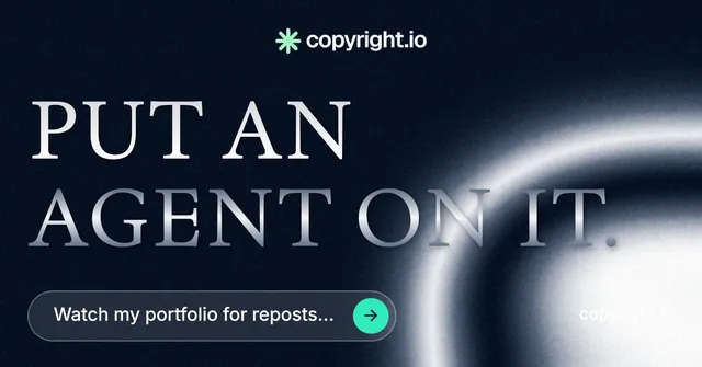 Social ad for copyright.io: "Put an agent on it." Agentic glass style, poster layout, dark palette in black, blue, grey.