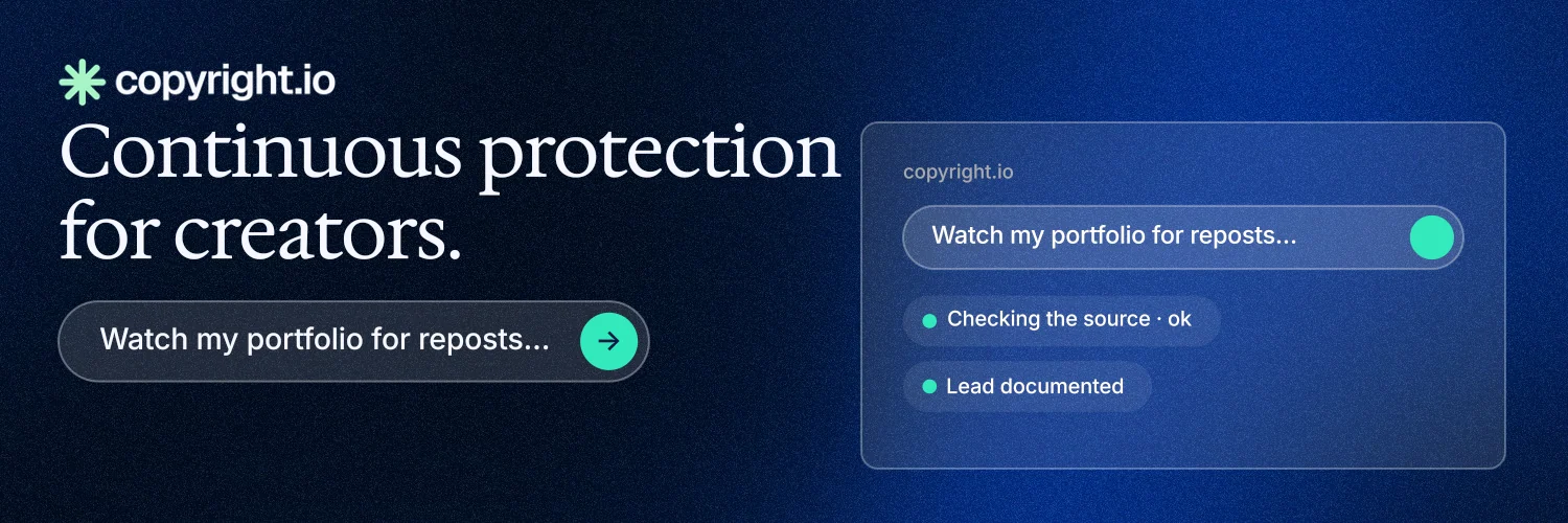 X header for copyright.io: "Continuous protection for creators." Agentic glass style, skeleton layout, dark palette in blue, black.