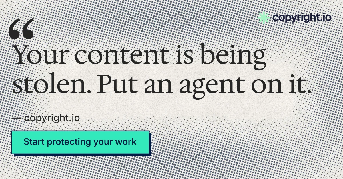 Social ad for copyright.io: "Your content is being stolen." Brutalist style, quote layout, light palette in grey, white, teal.