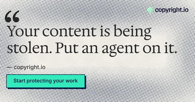 Social ad for copyright.io: "Your content is being stolen." Brutalist style, quote layout, light palette in grey, white, teal.