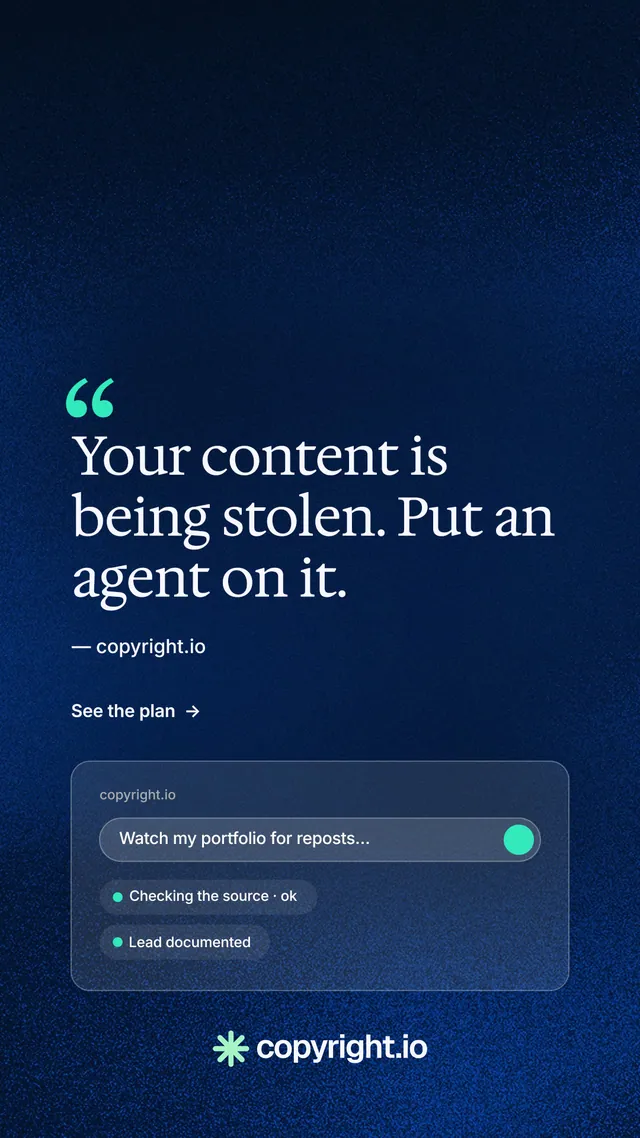 Instagram story for copyright.io: "Put an agent on it." Minimal luxury style, quote layout, dark palette in blue, black.
