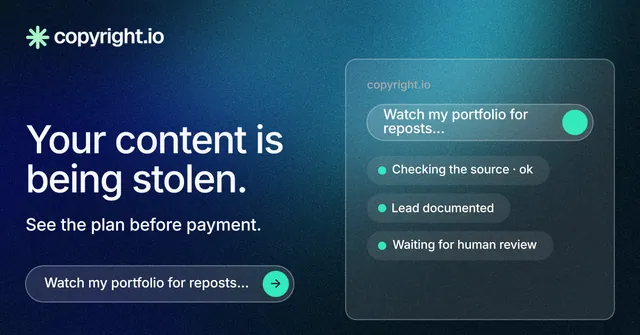 Social ad for copyright.io: "Your content is being stolen." Agentic glass style, bottom layout, dark palette in blue, teal.