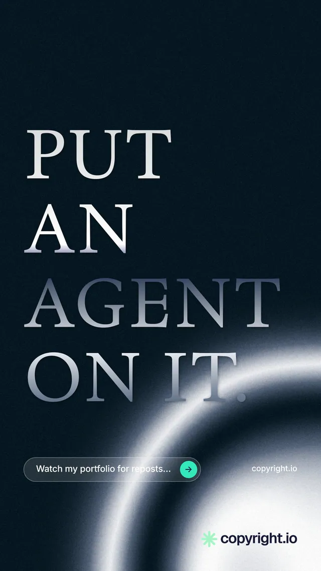 Instagram story for copyright.io: "Put an agent on it." Agentic glass style, poster layout, dark palette in black, blue, grey.