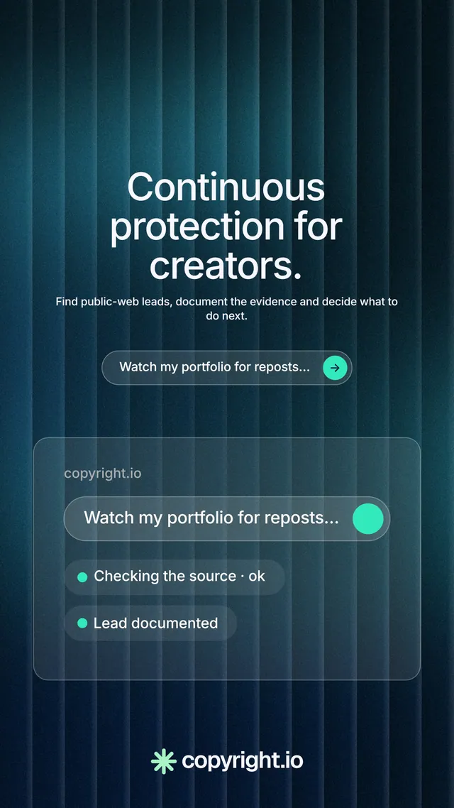 Instagram story for copyright.io: "Continuous protection for creators." Agentic glass style, centred layout, dark palette in black, blue.