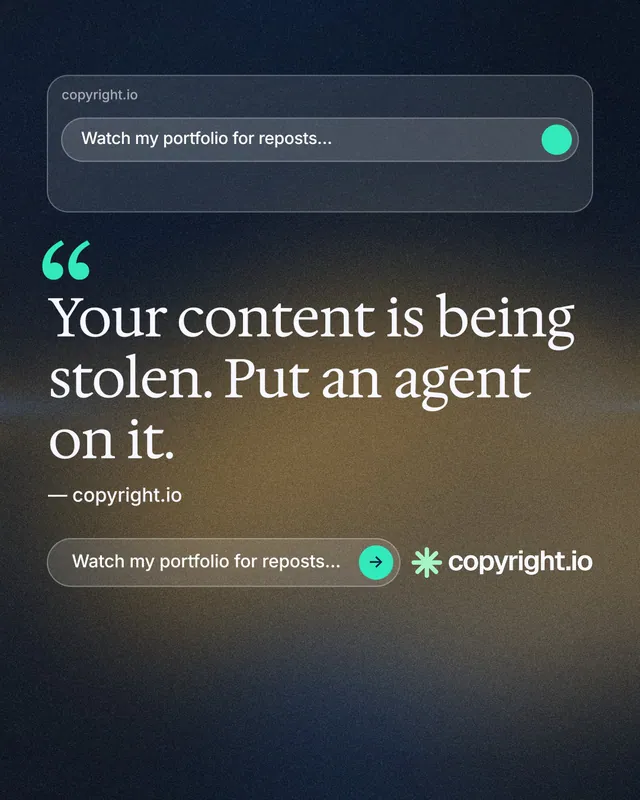 Instagram portrait post for copyright.io: "Reposts don't remove themselves." Agentic glass style, quote layout, dark palette in black, blue, orange.