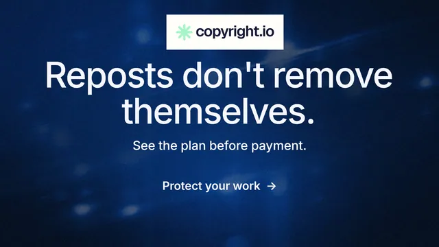 Landscape graphic for copyright.io: "Reposts don't remove themselves." Minimal luxury style, centred layout, dark palette in blue, black.