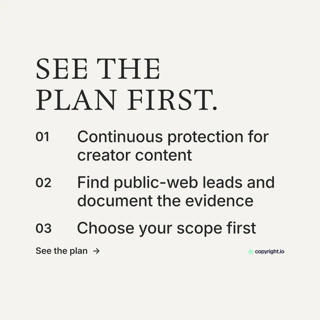 Instagram post for copyright.io: "See the plan first." Minimal luxury style, numbered layout, light palette in white, grey.