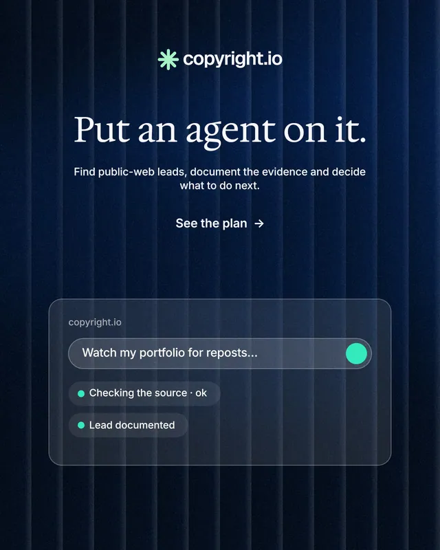 Instagram portrait post for copyright.io: "Put an agent on it." Minimal luxury style, centred layout, dark palette in black, blue.