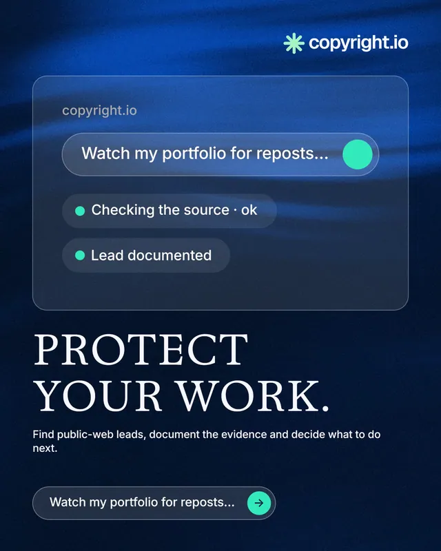 Instagram portrait post for copyright.io: "Protect your work." Agentic glass style, bottom layout, dark palette in black, blue.