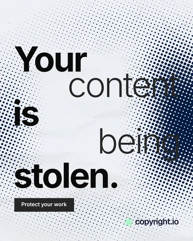 Instagram portrait post for copyright.io: "Your content is being stolen." Swiss style, stacked layout, light palette in blue, white, grey.