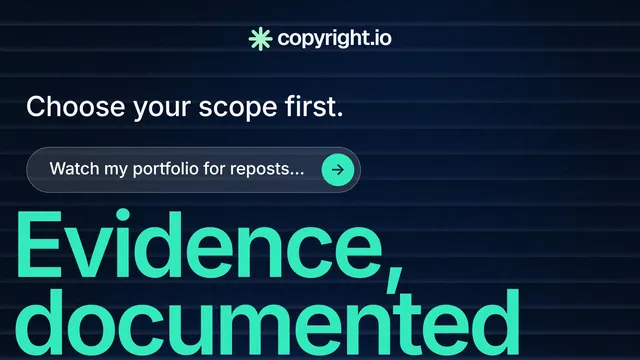 Landscape graphic for copyright.io: "Continuous protection for creators." Agentic glass style, oversized layout, dark palette in blue, black, teal.