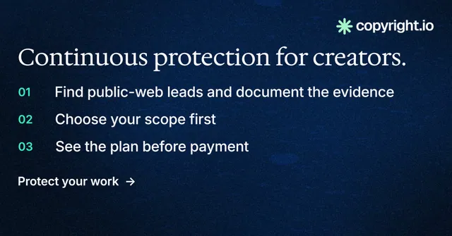 Social ad for copyright.io: "Continuous protection for creators." Minimal luxury style, numbered layout, dark palette in blue, black.
