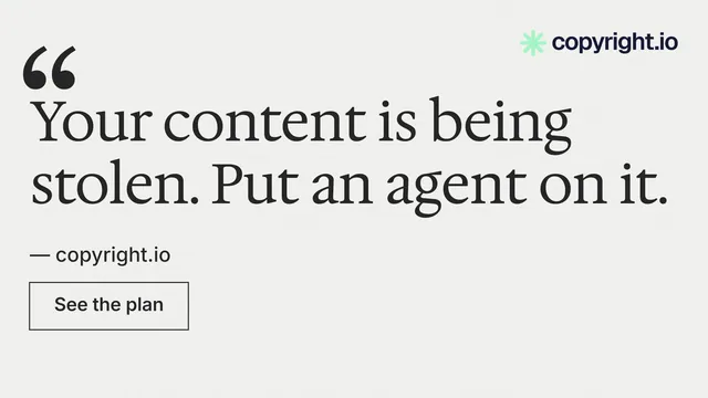 Landscape graphic for copyright.io: "Find your reposted work." Editorial style, quote layout, light palette in white.