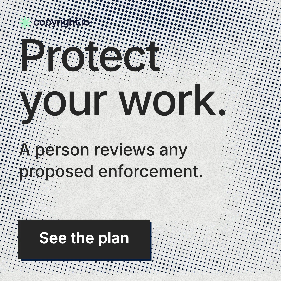 Instagram post for copyright.io: "Protect your work." Brutalist style, skeleton layout, light palette in grey, white.