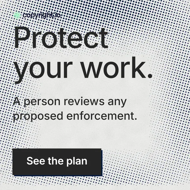 Instagram post for copyright.io: "Protect your work." Brutalist style, skeleton layout, light palette in grey, white.