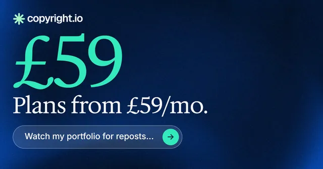 Social ad for copyright.io: "Protect your work." Agentic glass style, stat layout, dark palette in blue, black.